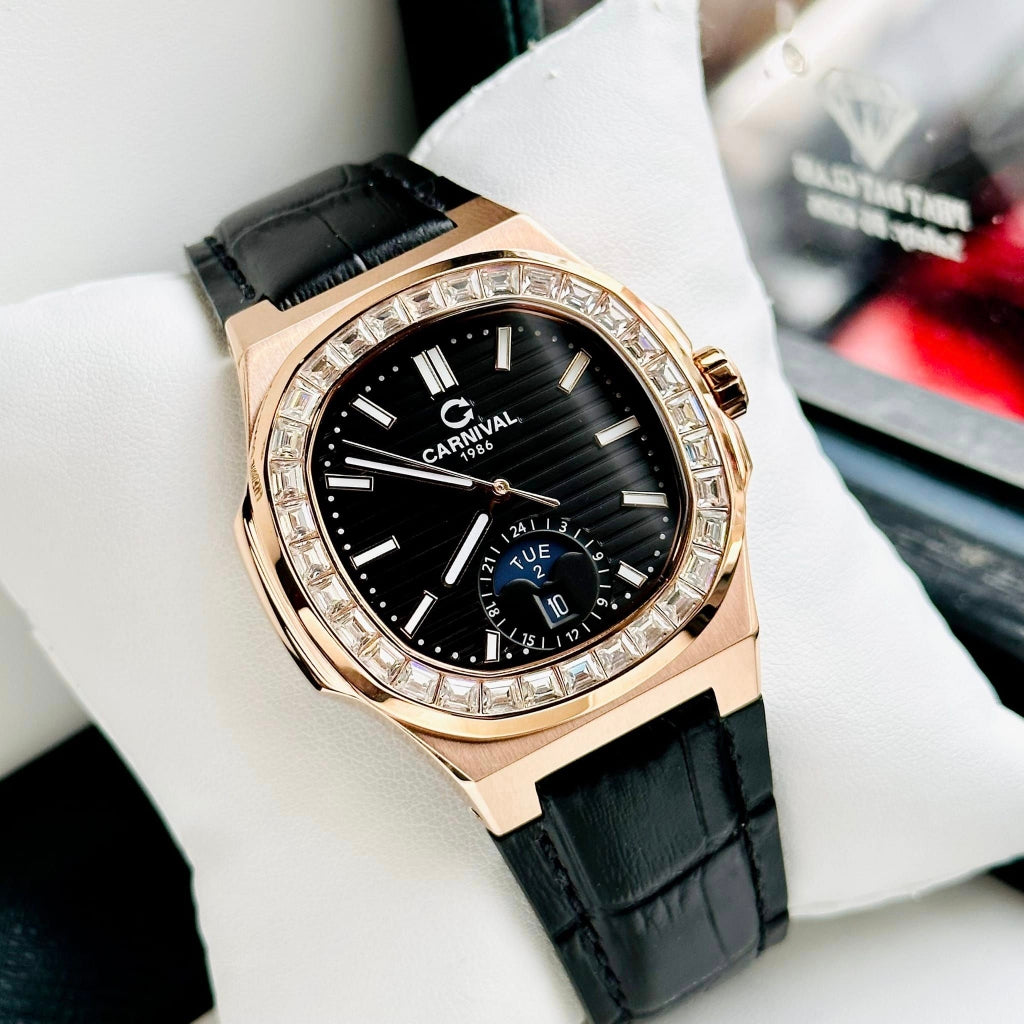 Carnival 8110G Rosegold Đen Dây Da ( 8110G-VH-D-D)