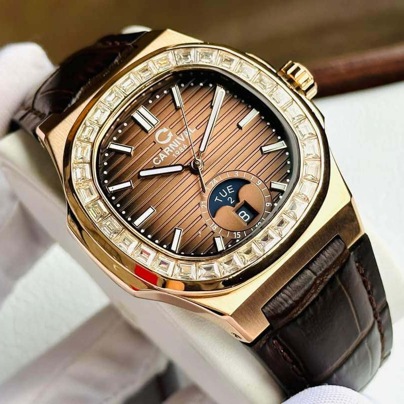 Carnival 8110G Rosegold Nâu Dây Da ( 8110G-VH-D-N)