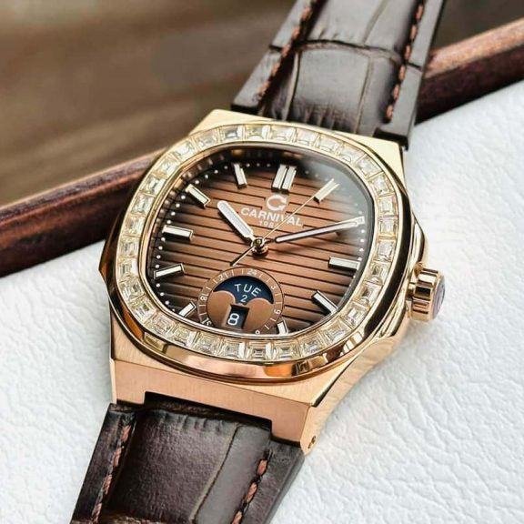 Carnival 8110G Rosegold Nâu Dây Da ( 8110G-VH-D-N)
