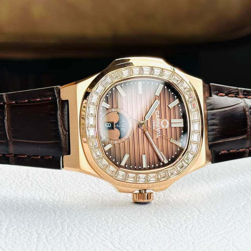 Carnival 8110G Rosegold Nâu Dây Da ( 8110G-VH-D-N)