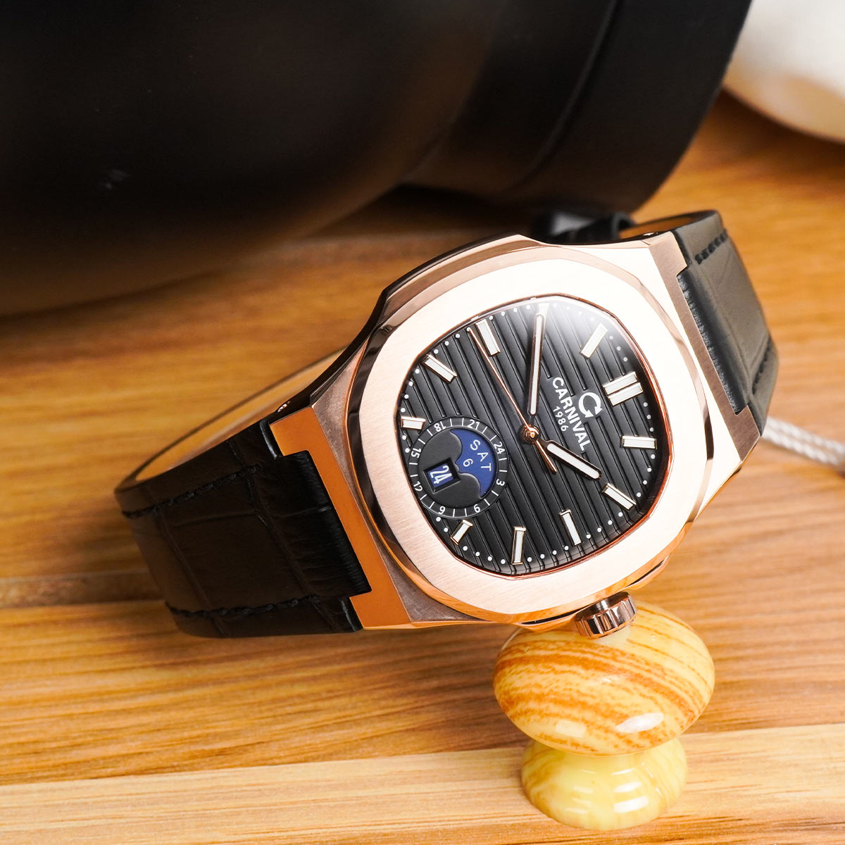 Carnival 8110G1 Rosegold Đen Dây Da ( 8110G1-VH-DD-D)