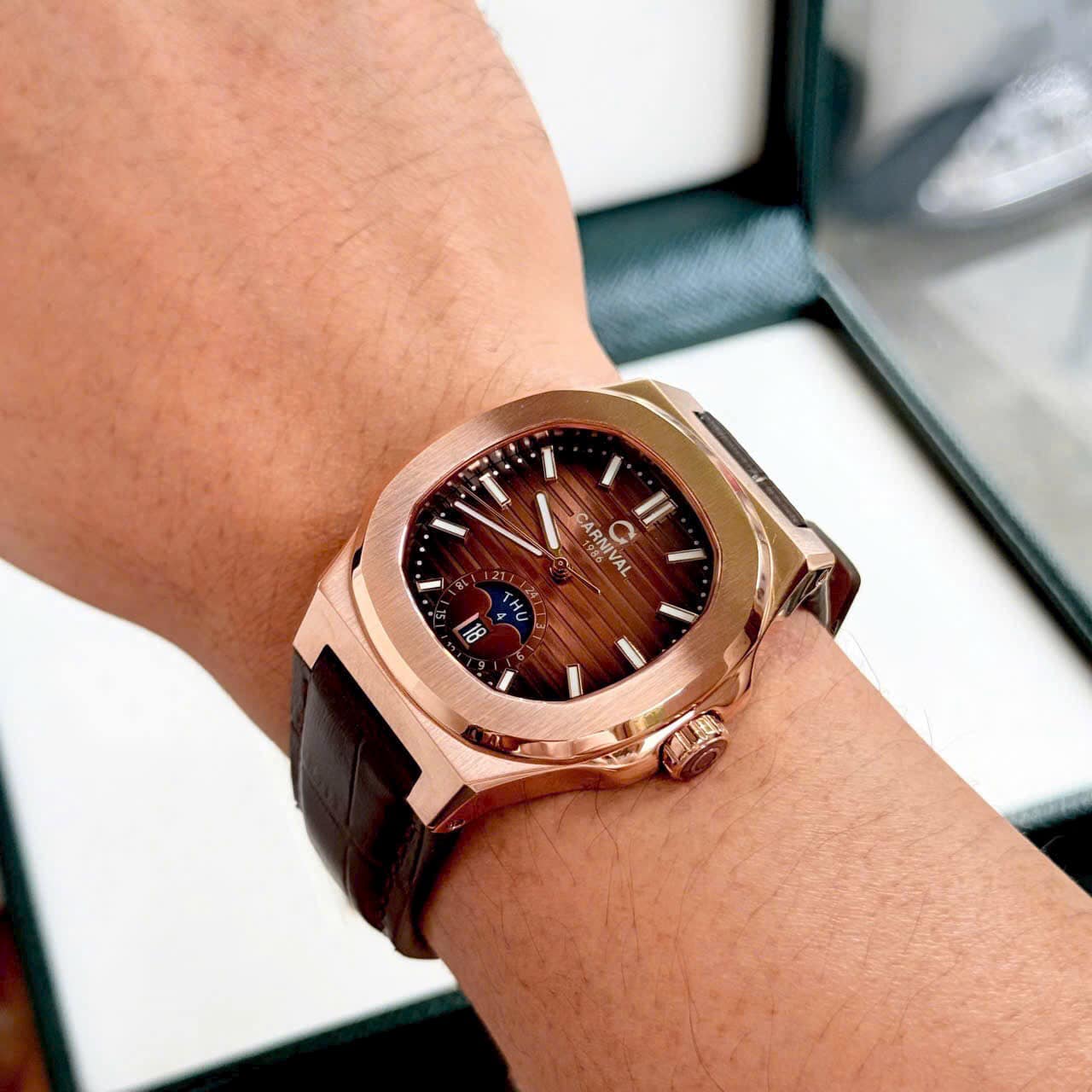 Carnival 8110G1 Rosegold Nâu Dây Da ( 8110G1-VH-DD-N)