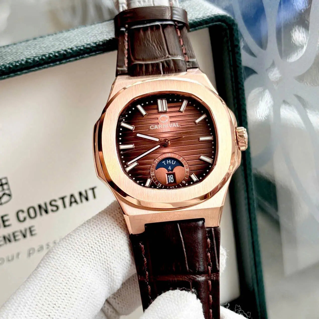 Carnival 8110G1 Rosegold Nâu Dây Da ( 8110G1-VH-DD-N)