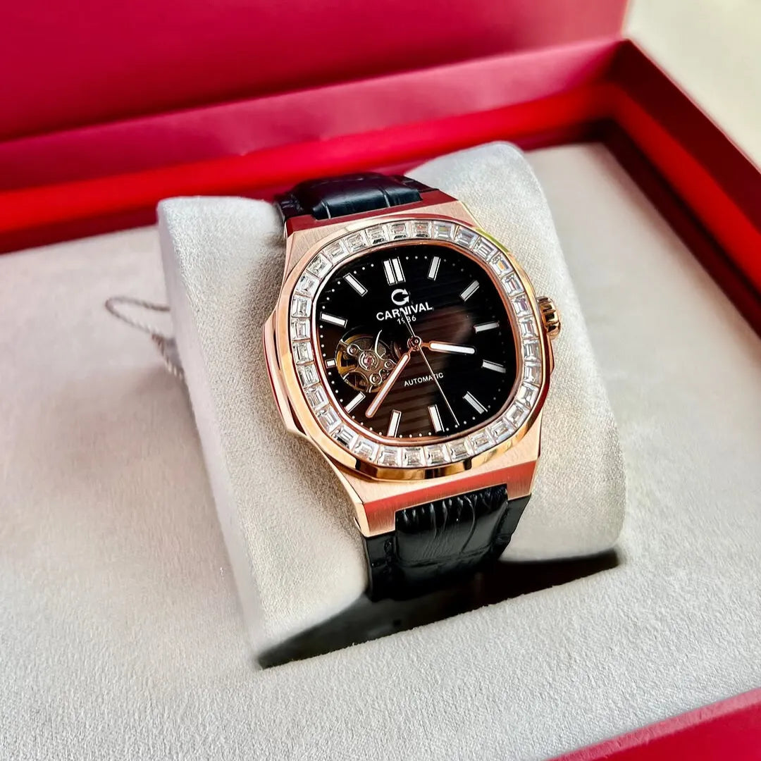 Carnival 8128G Rosegold Đen Dây Da ( 8128G-VH-DD-D)