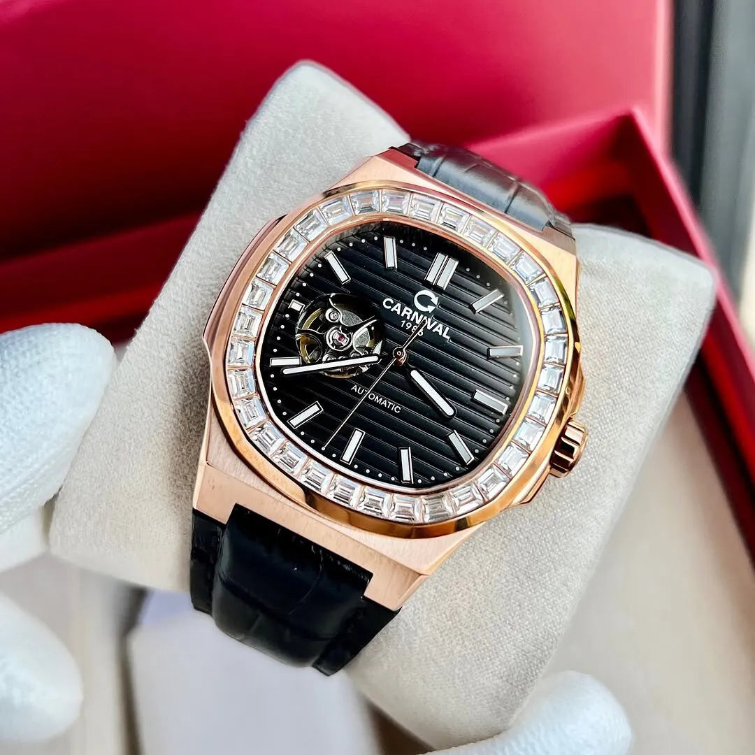 Carnival 8128G Rosegold Đen Dây Da ( 8128G-VH-DD-D)