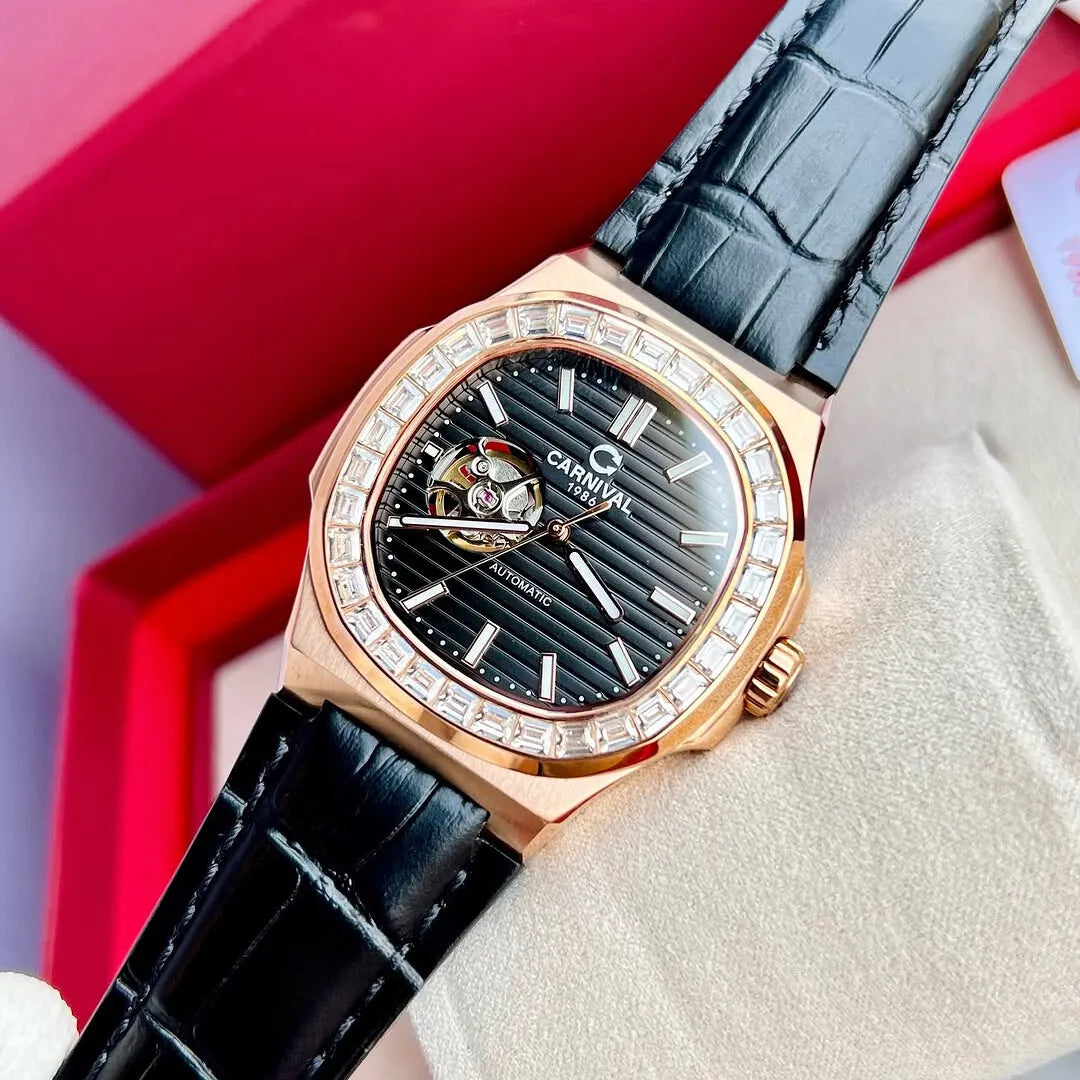 Carnival 8128G Rosegold Đen Dây Da ( 8128G-VH-DD-D)