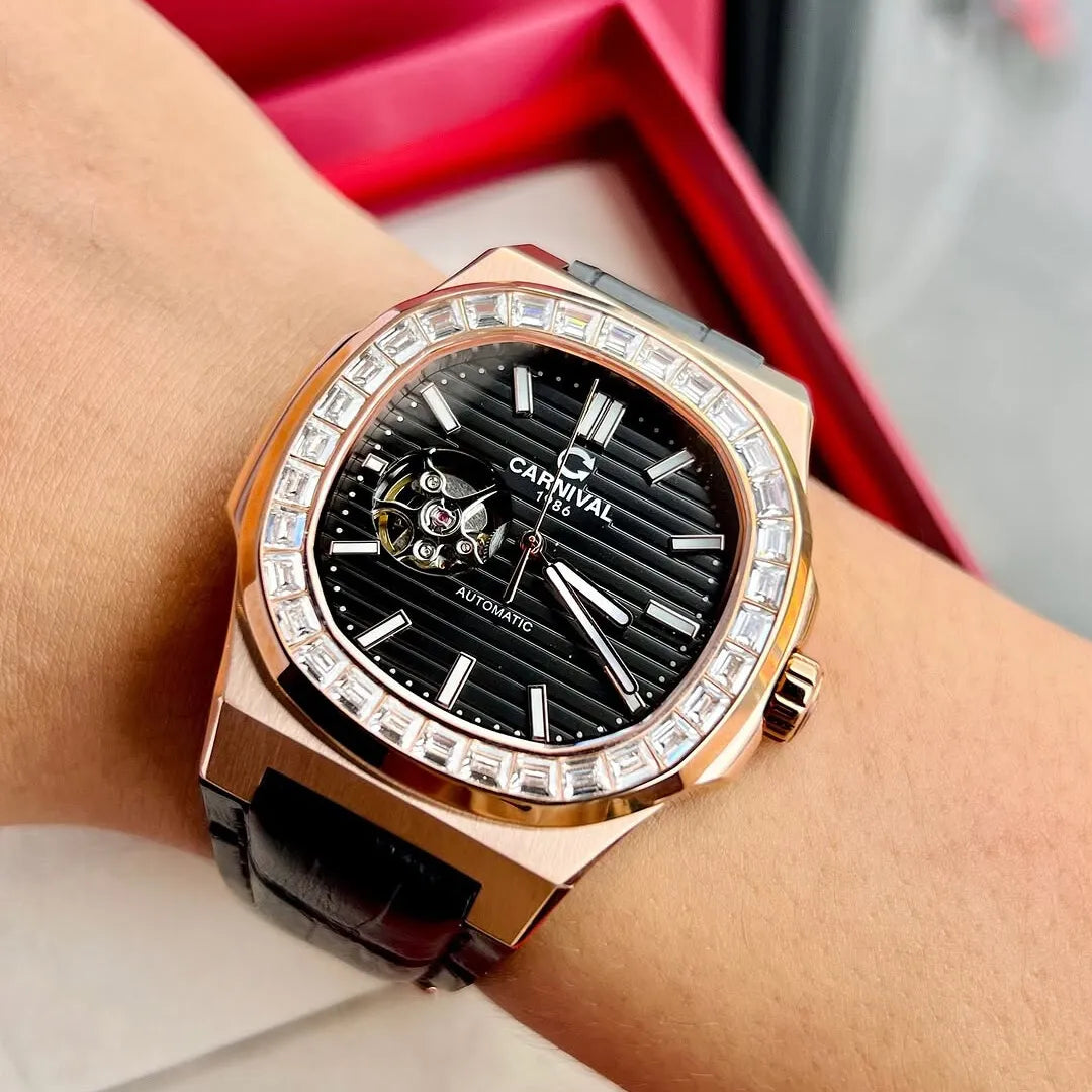 Carnival 8128G Rosegold Đen Dây Da ( 8128G-VH-DD-D)
