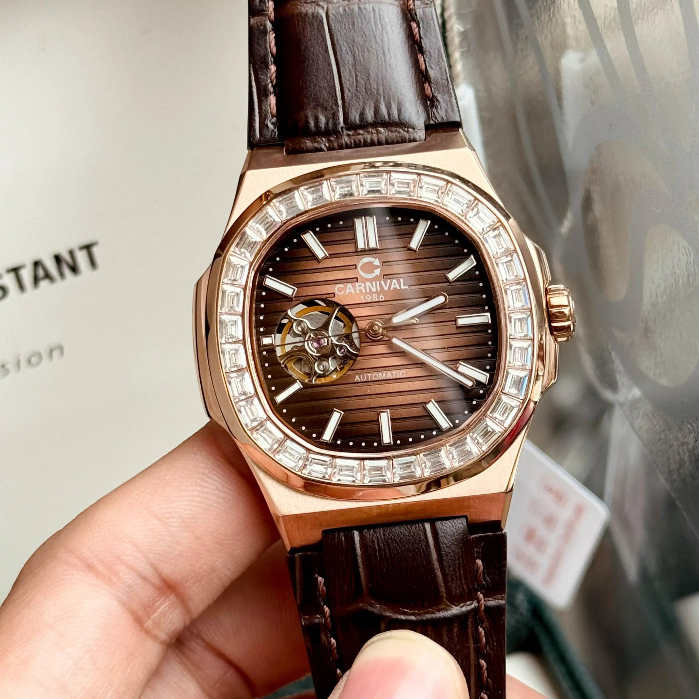 Carnival 8128G Rosegold Nâu Dây Da ( 8128G-VH-DD-N)
