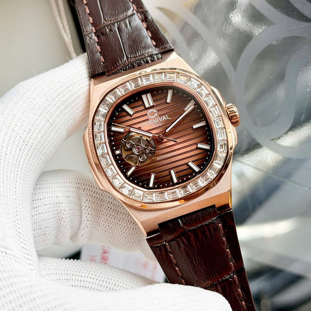 Carnival 8128G Rosegold Nâu Dây Da ( 8128G-VH-DD-N)