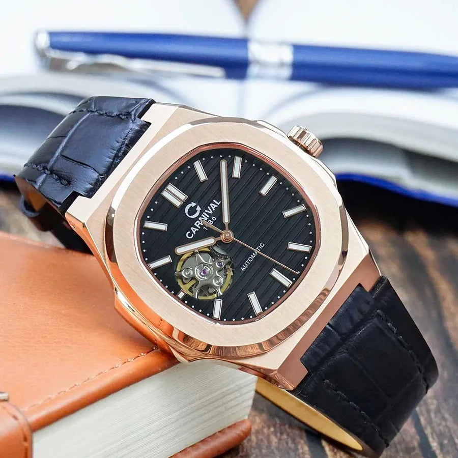 Carnival 8128G1 Rosegold Đen Dây Da ( 8128G1-VH-DD-D)