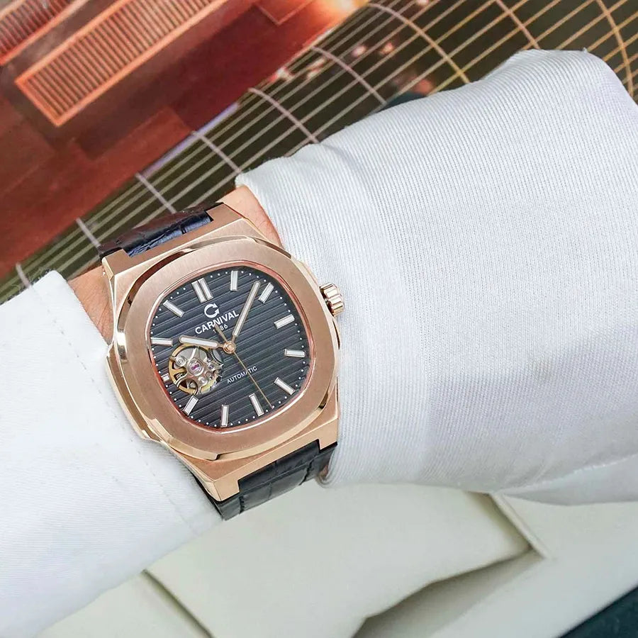 Carnival 8128G1 Rosegold Đen Dây Da ( 8128G1-VH-DD-D)