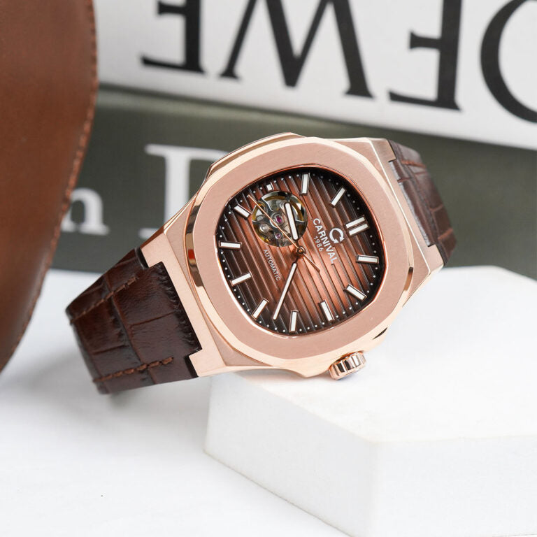 Carnival 8128G1 Rosegold Nâu Dây Da ( 8128G1-VH-DD-N)