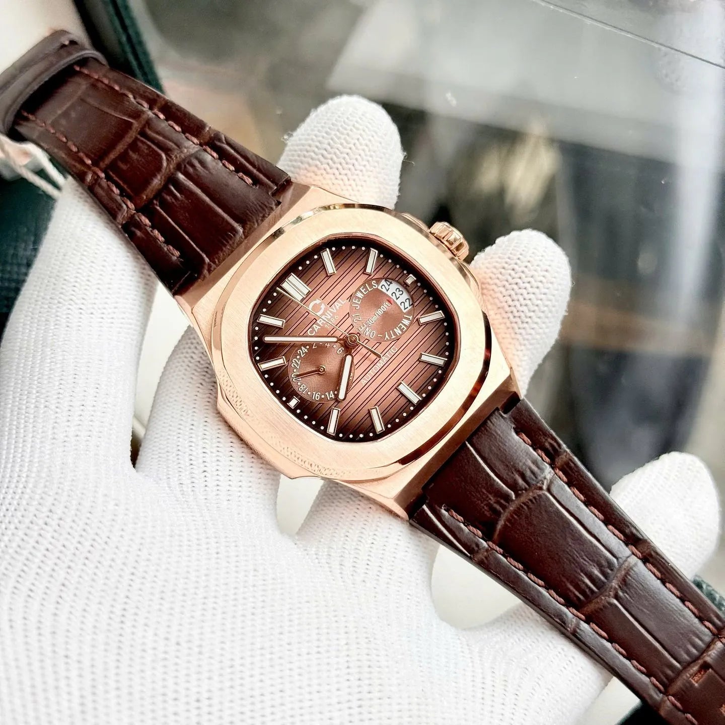 Carnival 8158G Rosegold Dây Da Nâu ( 8158G-VH-DD-N)