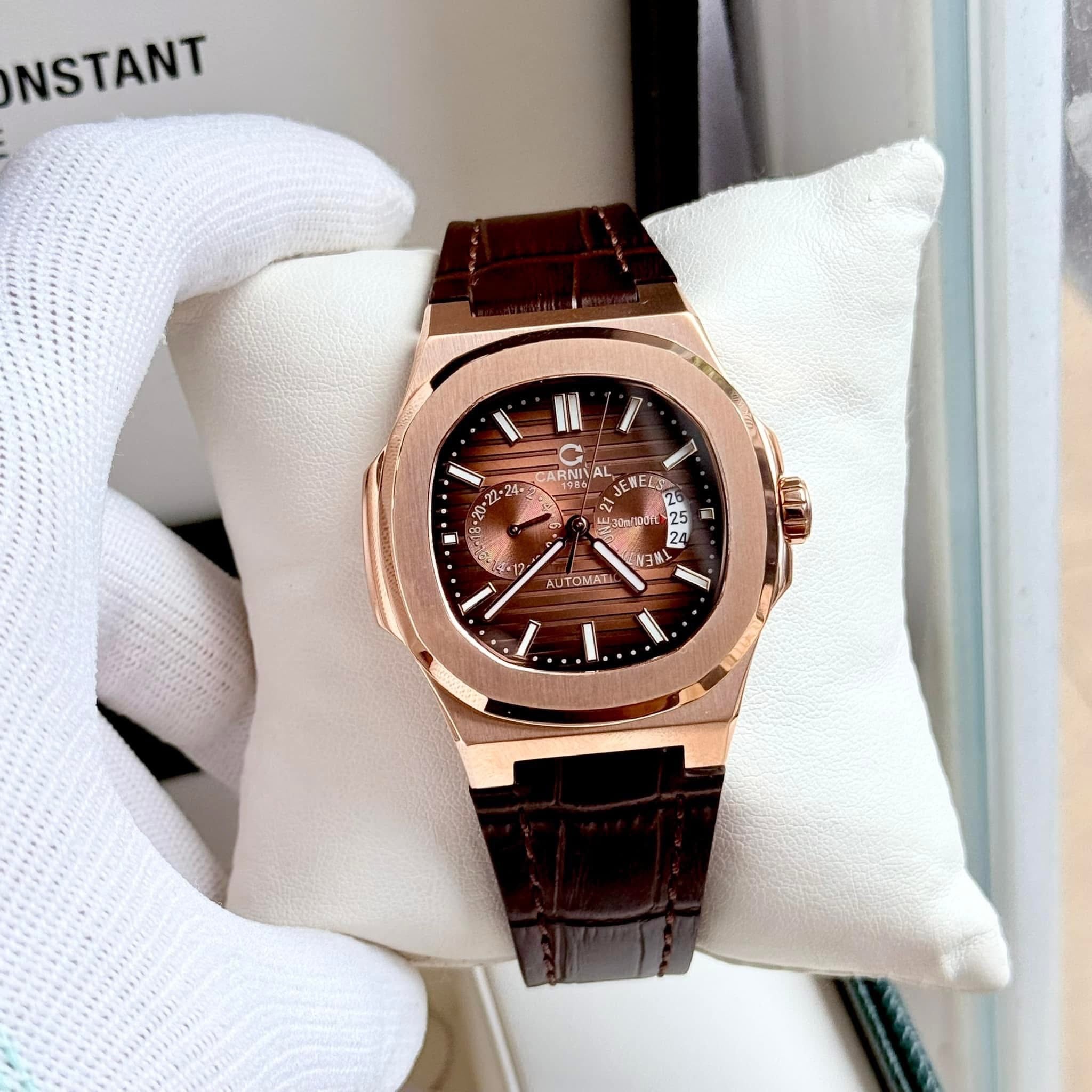 Carnival 8158G Rosegold Dây Da Nâu ( 8158G-VH-DD-N)