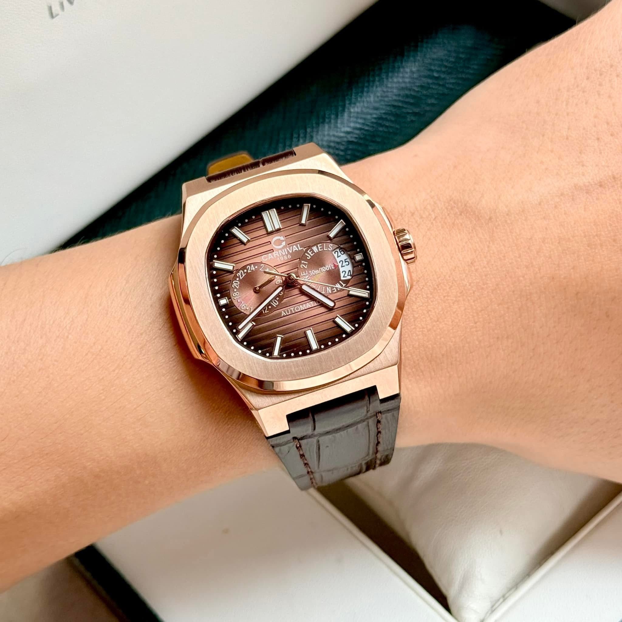 Carnival 8158G Rosegold Dây Da Nâu ( 8158G-VH-DD-N)