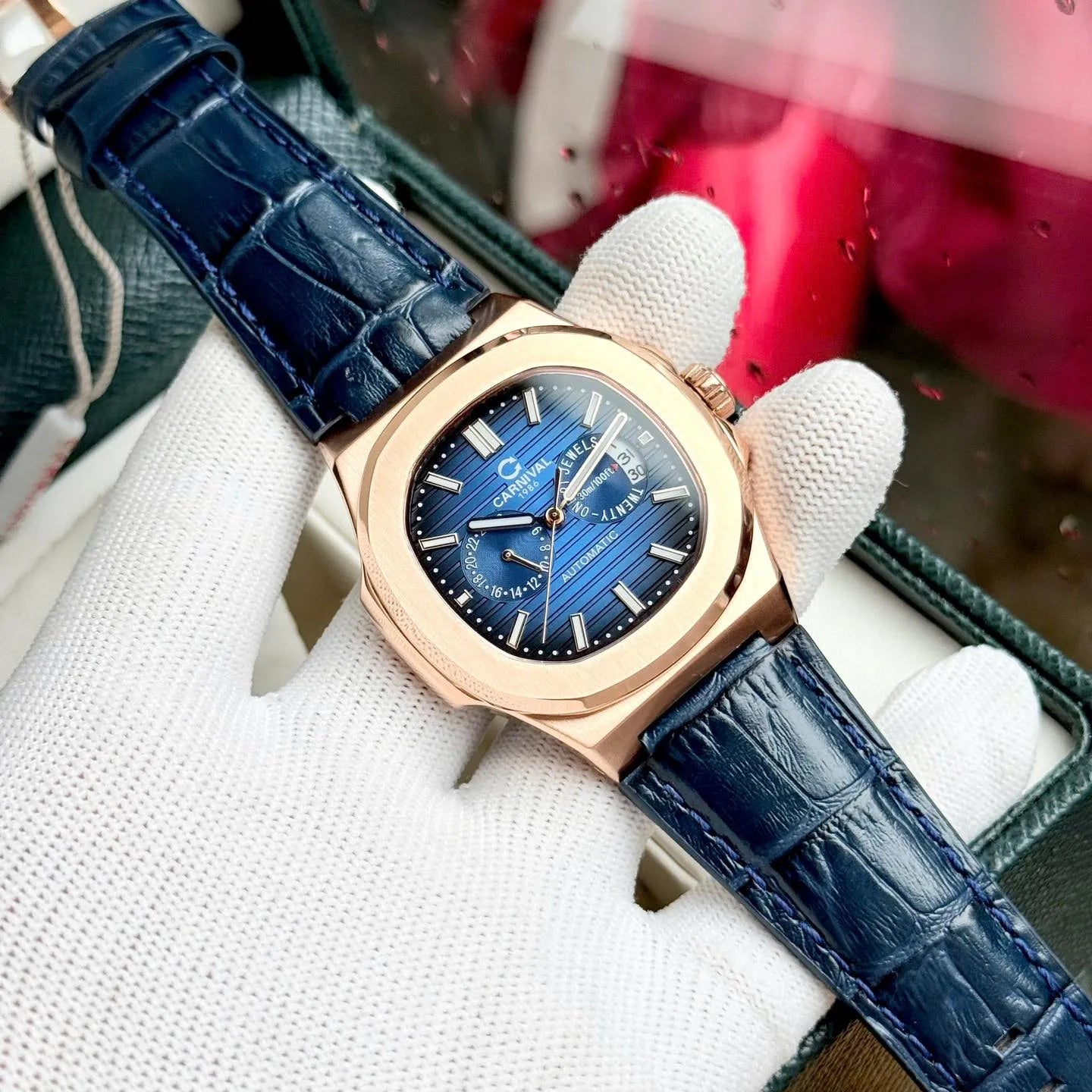Carnival 8158G Rosegold Dây Da Xanh ( 8158G-VH-DD-X)