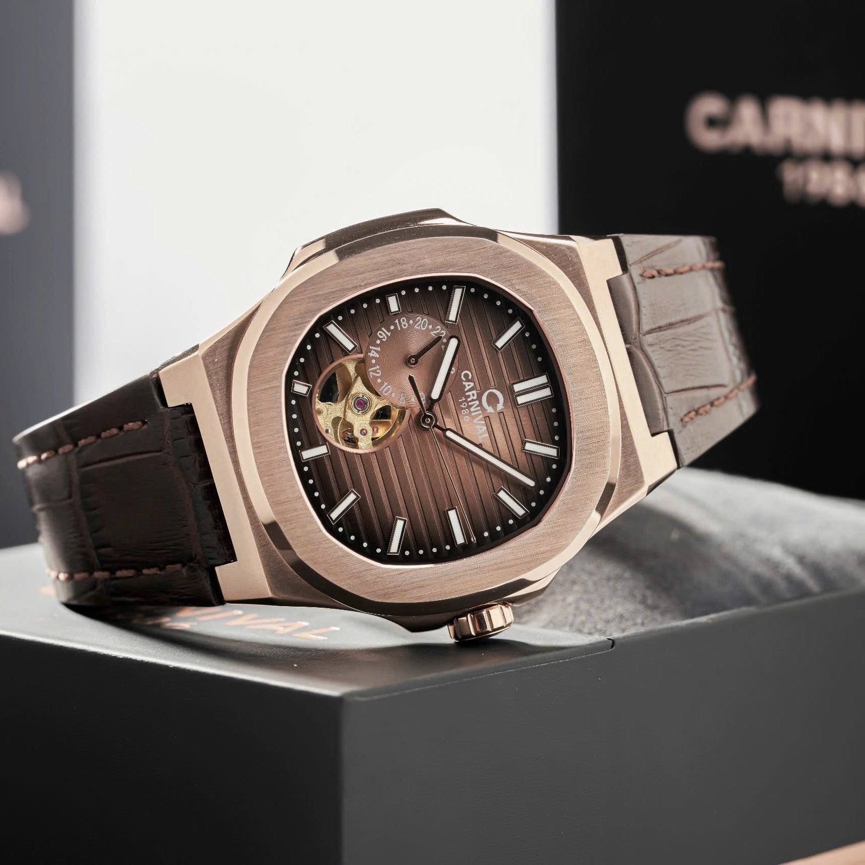 Carnival 8159G Rosegold Dây Da Nâu  ( 8159G-VH-DD-N)