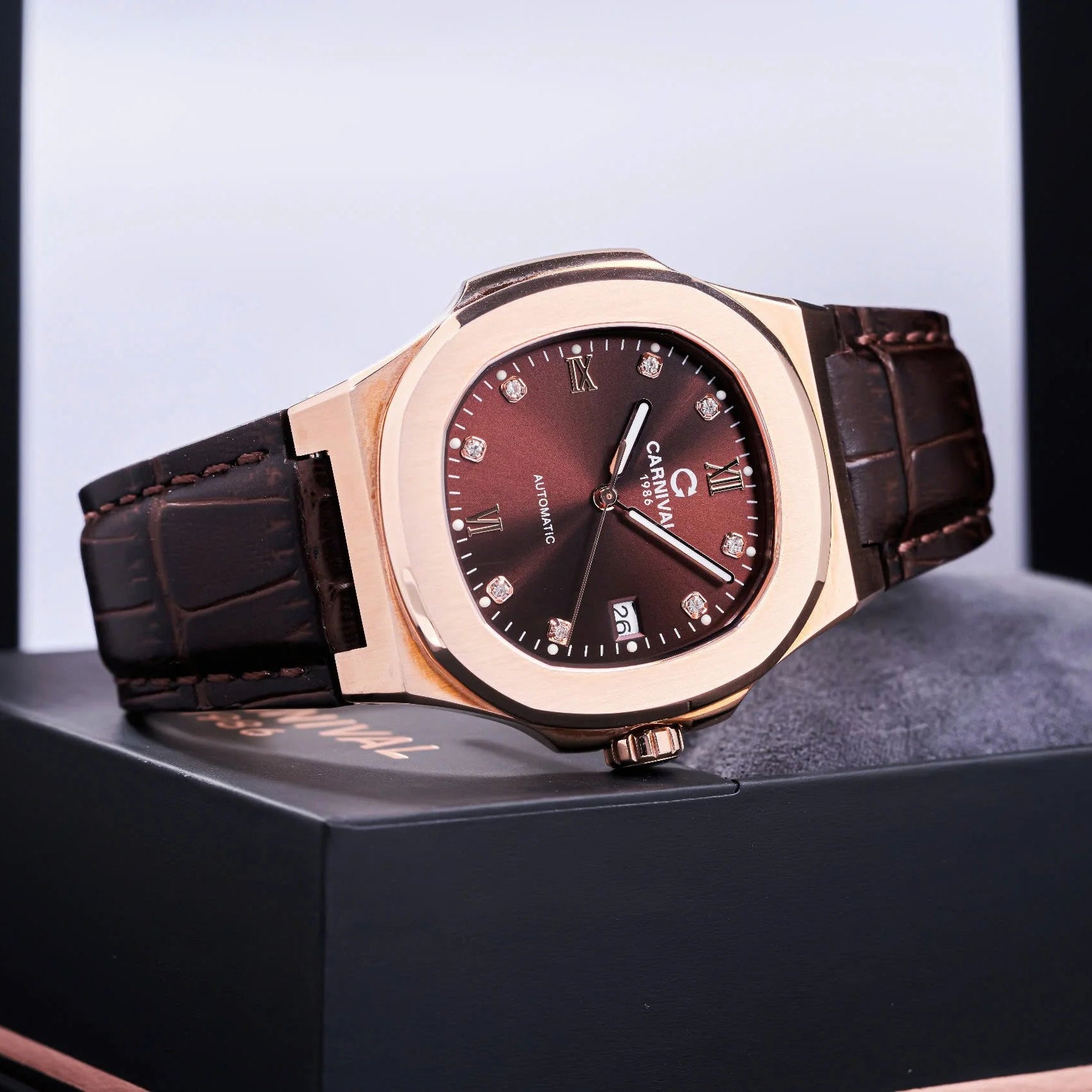 Carnival 8160G Rosegold Nâu Choco Dây Da ( 8160G-VH-DD-N)