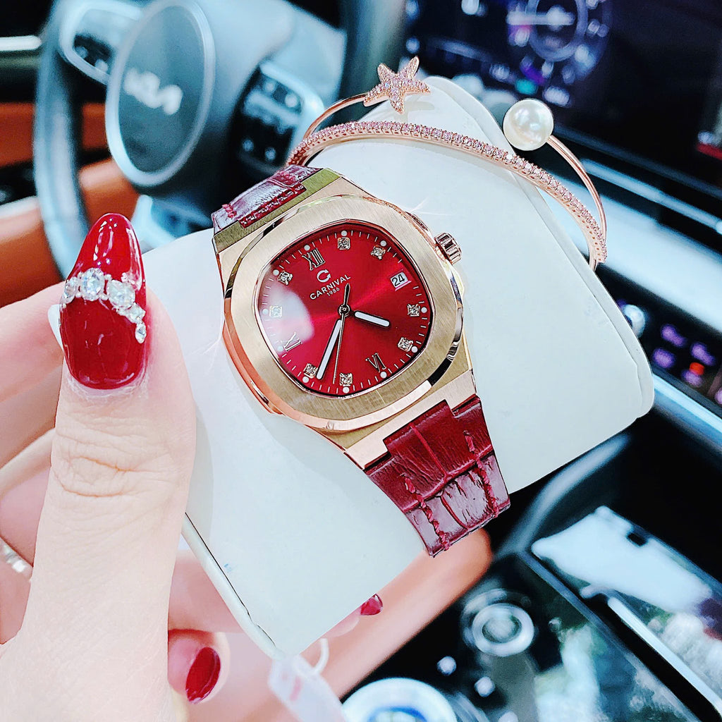 Carnival 8160L Rosegold Đỏ Dây Da ( 8160L-VH-DD-DO)
