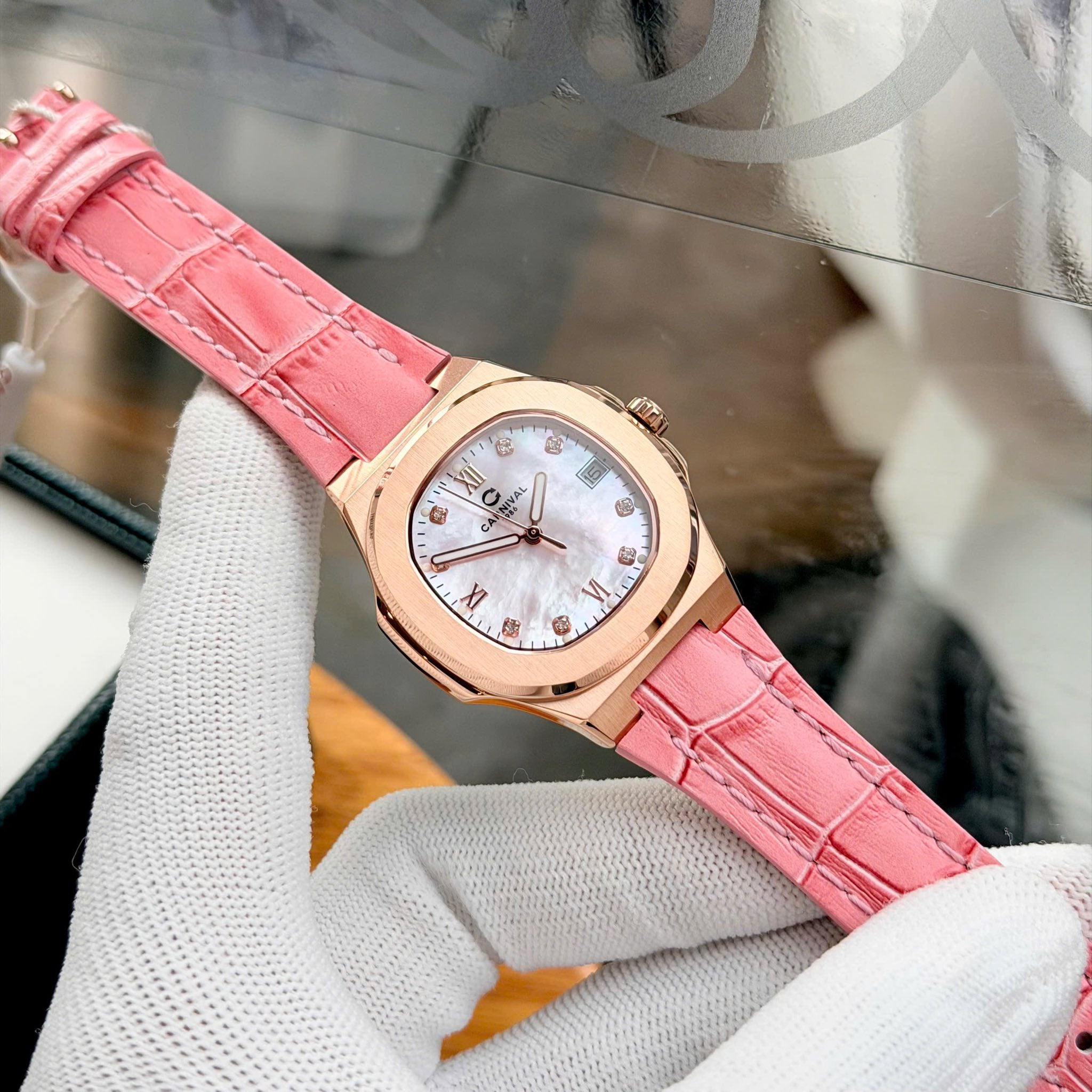 Carnival 8160L Rosegold Xà Cừ Hồng Dây Da Hồng ( 8160L-VH-DD-HK2)