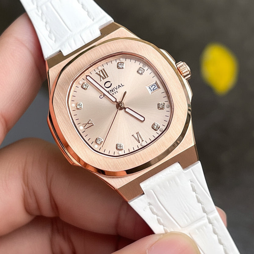 Carnival 8160L Rosegold Sundust Dây Da Trắng ( 8160L-VH-DD-NN1)