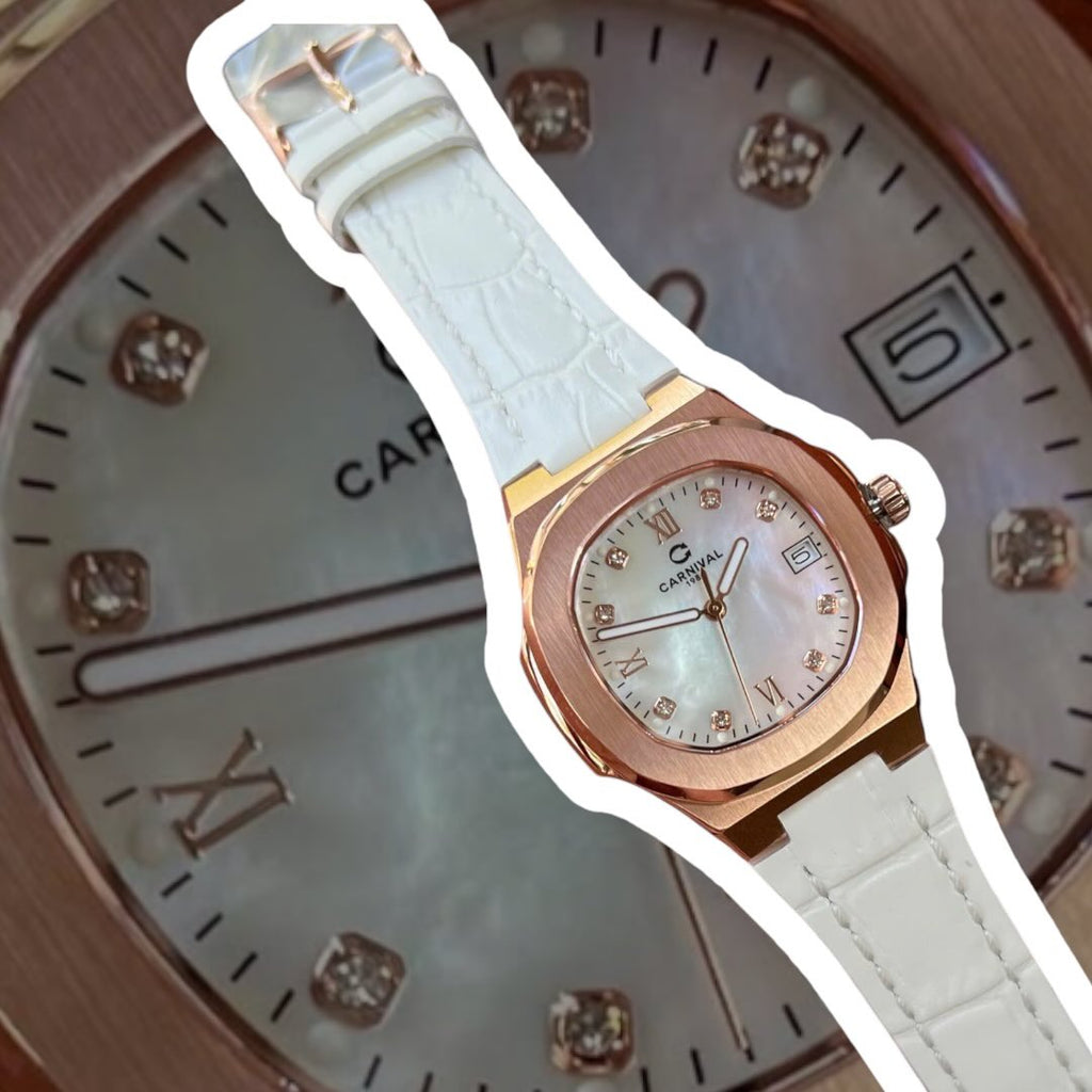 Carnival 8160L Rosegold Xà Cừ Trắng Dây Da Trắng ( 8160L-VH-DD-TK1)
