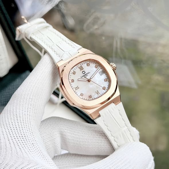 Carnival 8160L Rosegold Xà Cừ Trắng Dây Da Trắng ( 8160L-VH-DD-TK1)