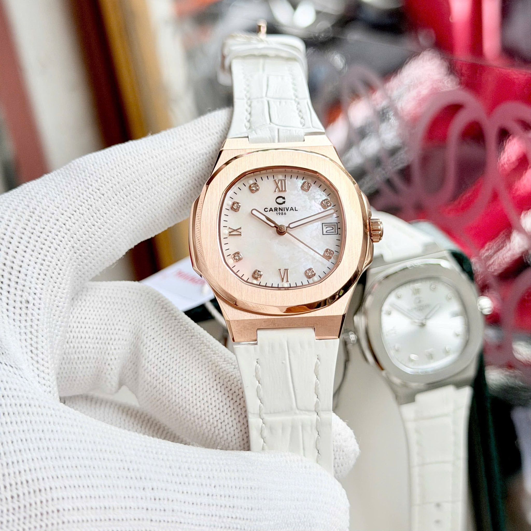 Carnival 8160L Rosegold Xà Cừ Trắng Dây Da Trắng ( 8160L-VH-DD-TK1)