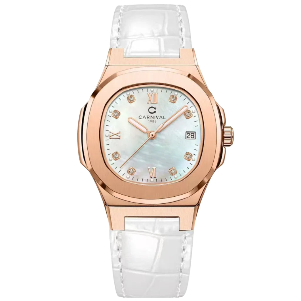 Carnival 8160L Rosegold Xà Cừ Trắng Dây Da Trắng ( 8160L-VH-DD-TK1)