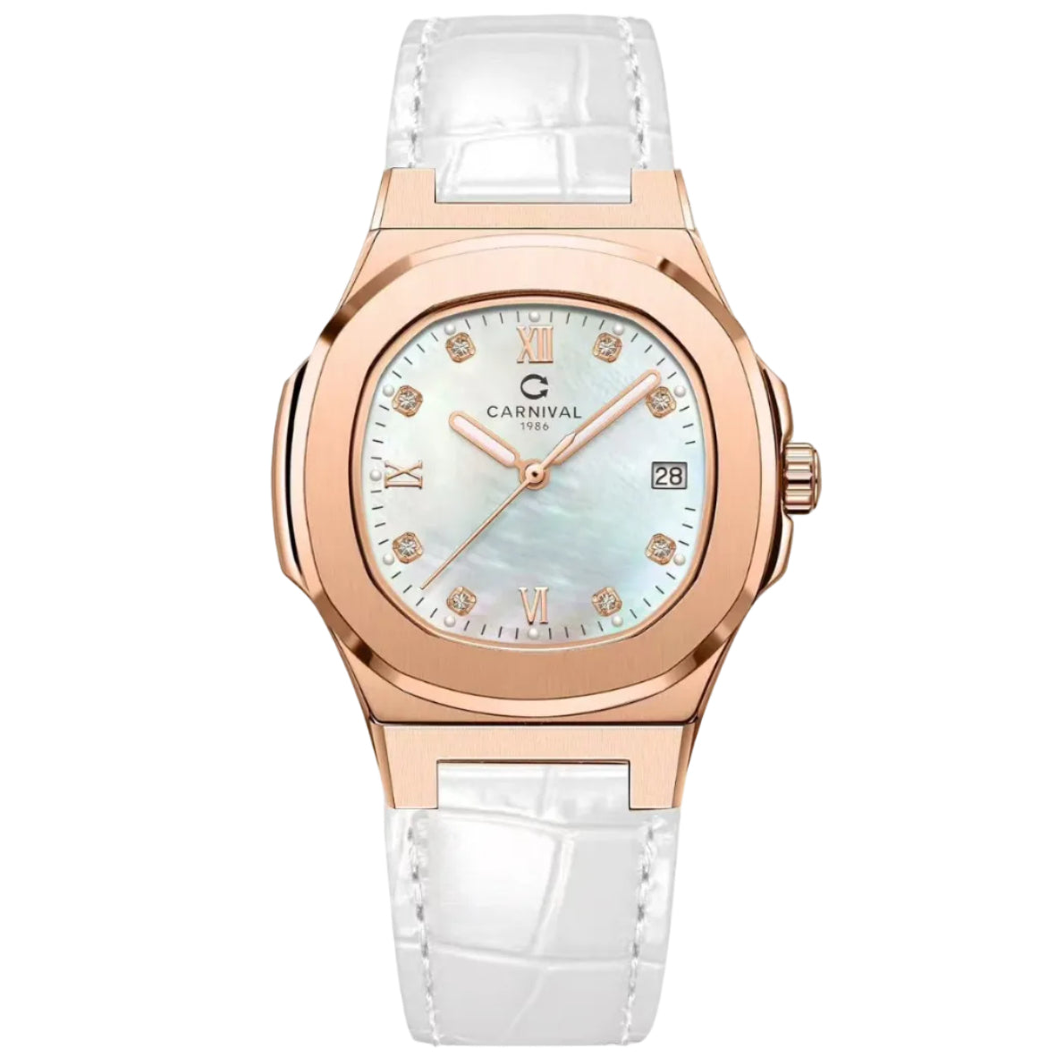 Carnival 8160L Rosegold Xà Cừ Trắng Dây Da Trắng ( 8160L-VH-DD-TK1)