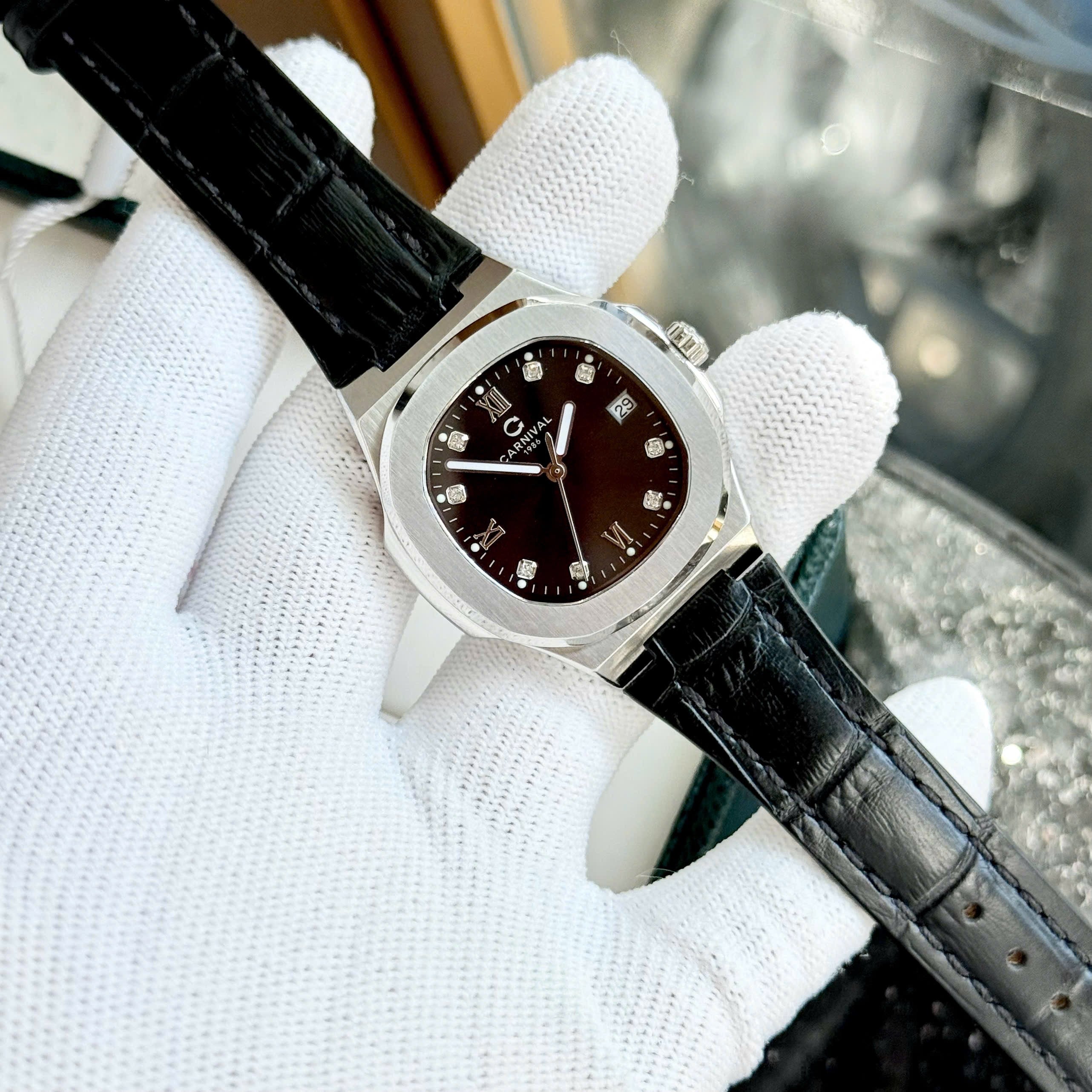 Carnival 8160L Rosegold Đen Dây Da ( 8160L-VT-DD-D)