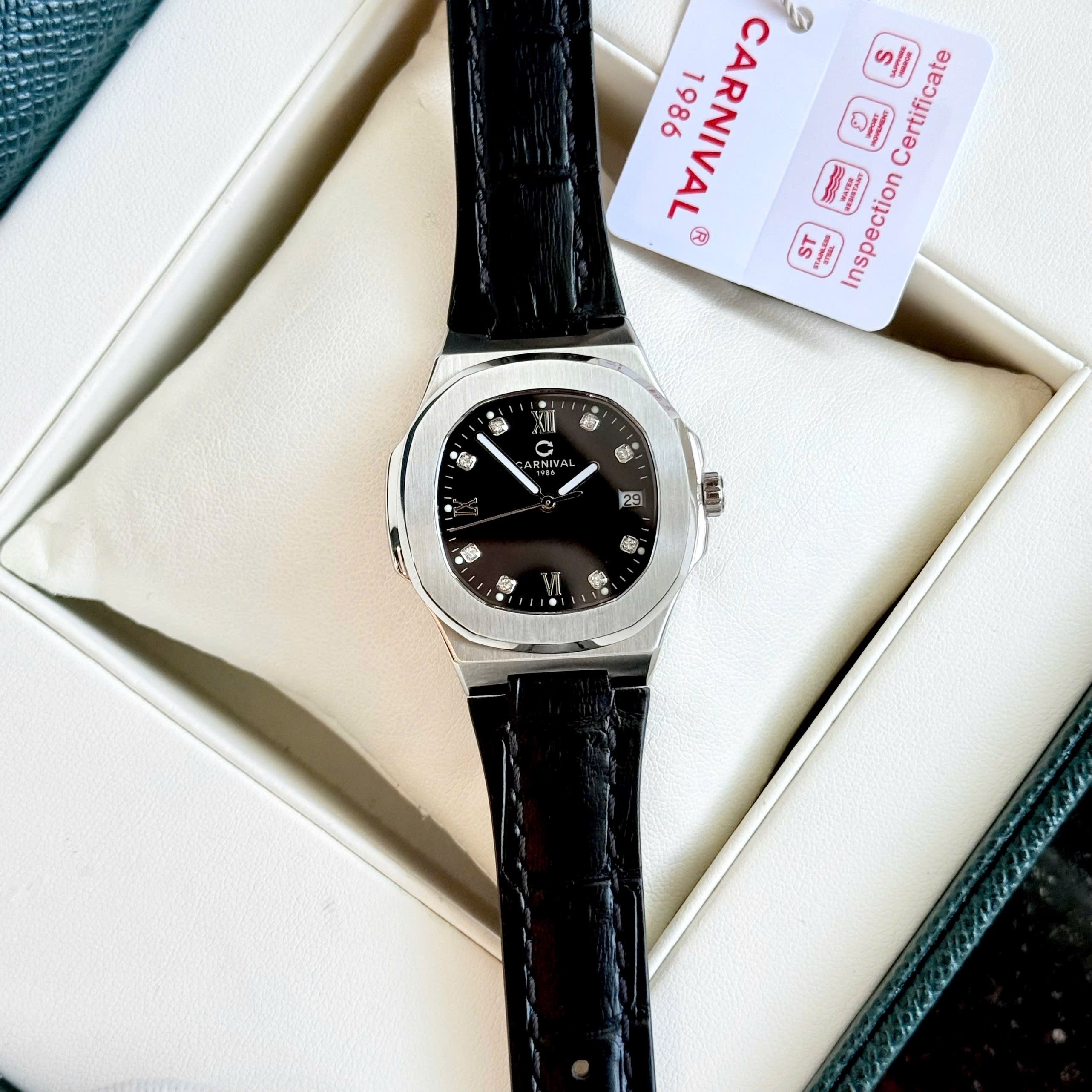 Carnival 8160L Rosegold Đen Dây Da ( 8160L-VT-DD-D)