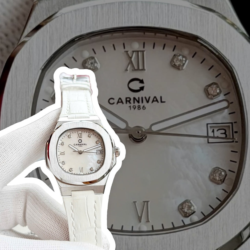 Carnival 8160L Bạc Xà Cừ Trắng Dây Da Trắng ( 8160L-VT-DD-TK1)