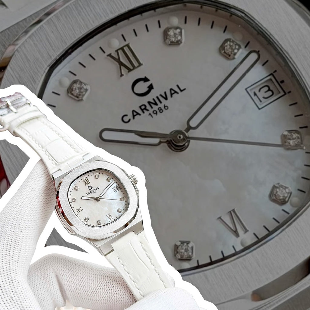 Carnival 8160L Bạc Xà Cừ Trắng Dây Da Trắng ( 8160L-VT-DD-TK1)