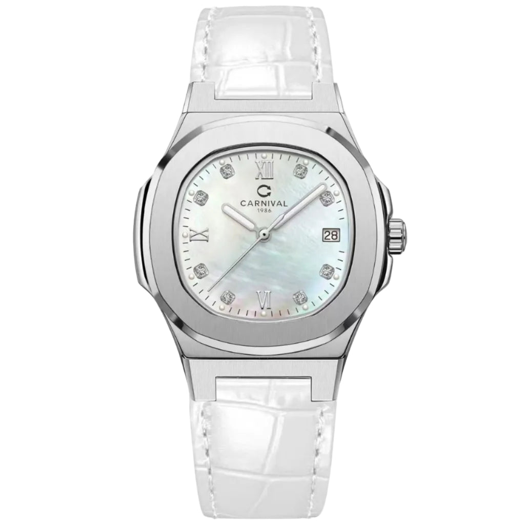 Carnival 8160L Bạc Xà Cừ Trắng Dây Da Trắng ( 8160L-VT-DD-TK1)