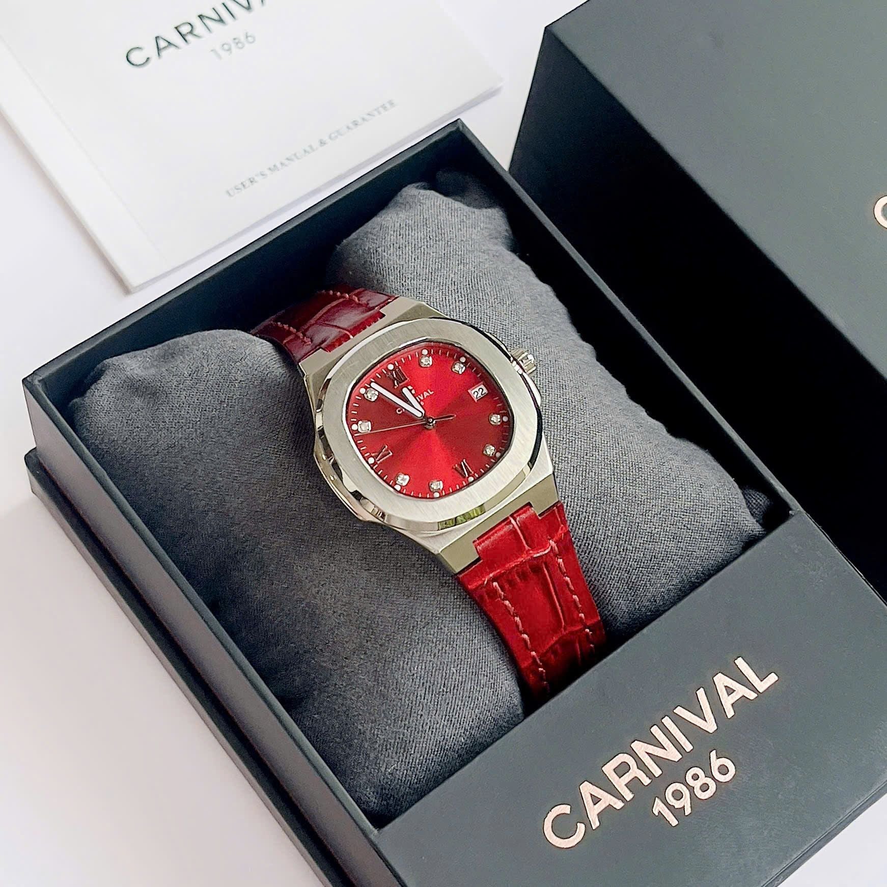 Carnival 8160L Bạc Đỏ Dây Da ( 8160L-VT-DD-DO)