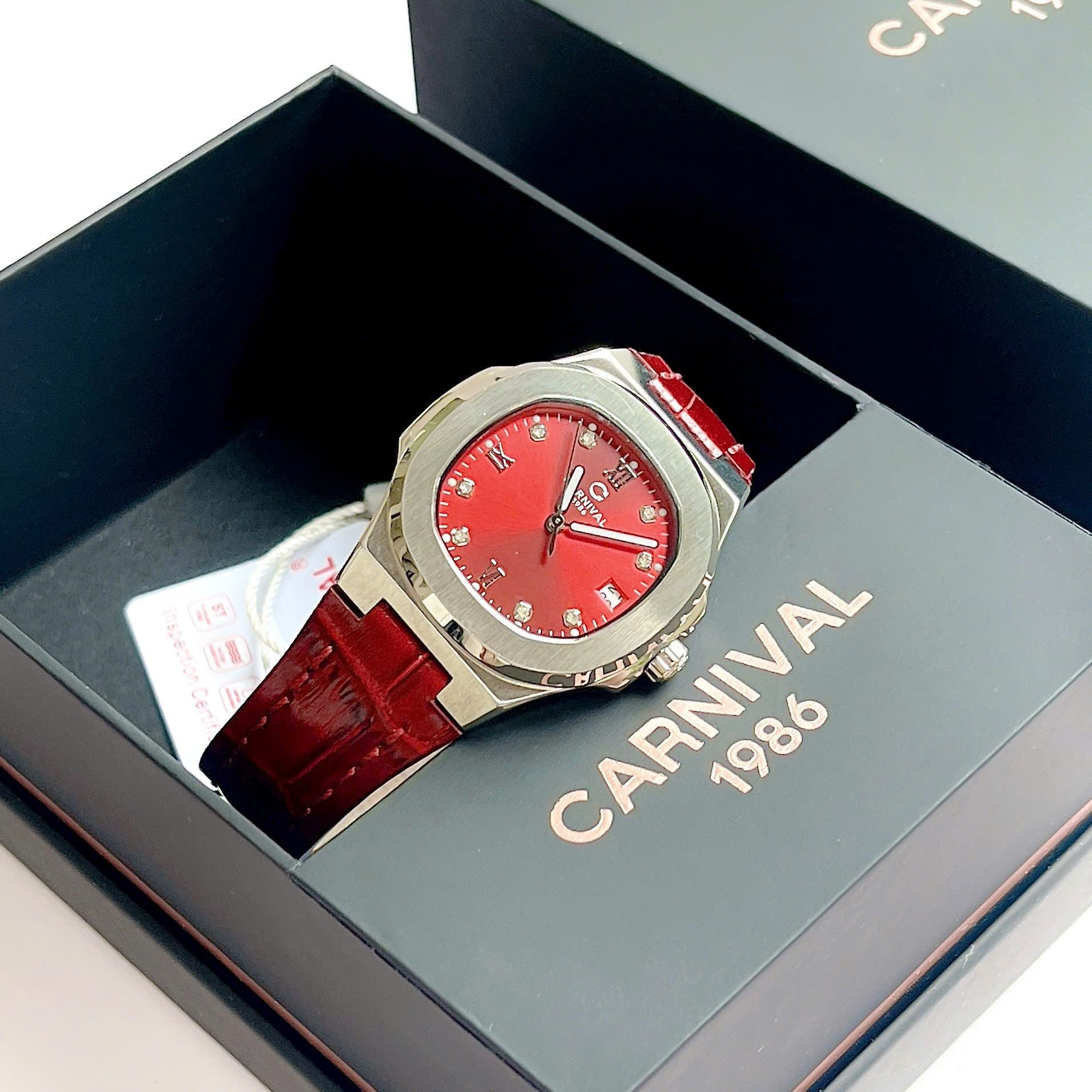 Carnival 8160L Bạc Đỏ Dây Da ( 8160L-VT-DD-DO)