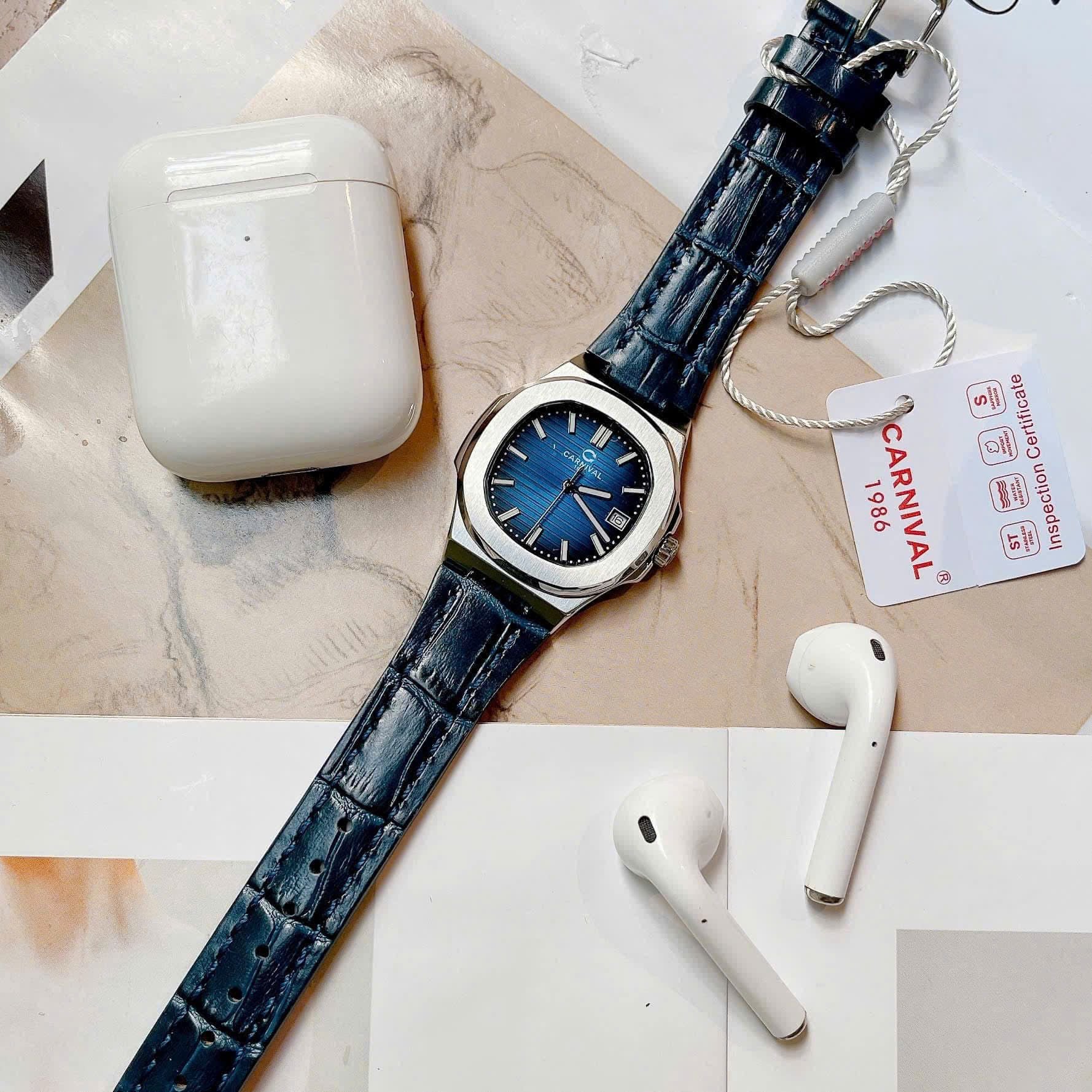 Carnival 8161L Bạc Xanh Dây Da ( 8161L-VT-DD-X)